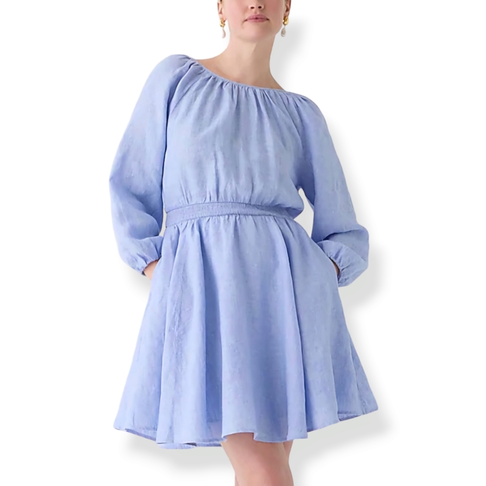 J. Crew Palmero Smocked Waist Blue Linen Dress Small Tall 2023